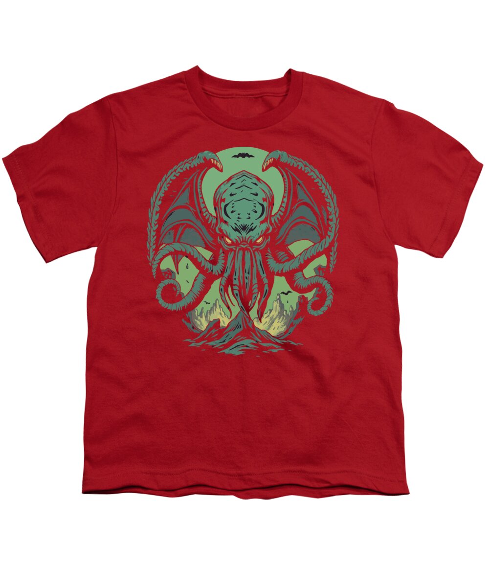 Youth T-shirt in red with green sea monster graphic