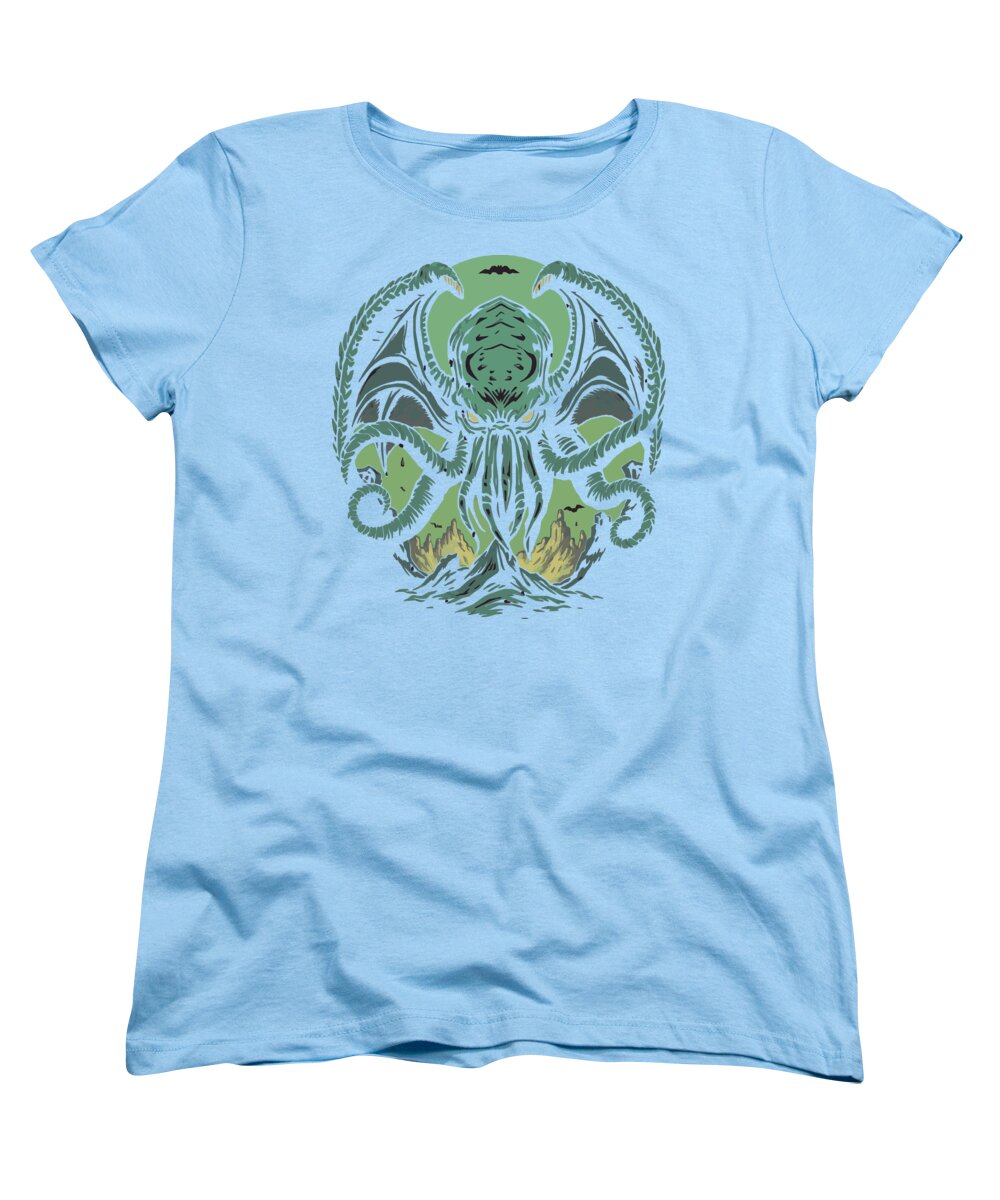 Light blue women’s graphic t-shirt with green tentacled demon face front print