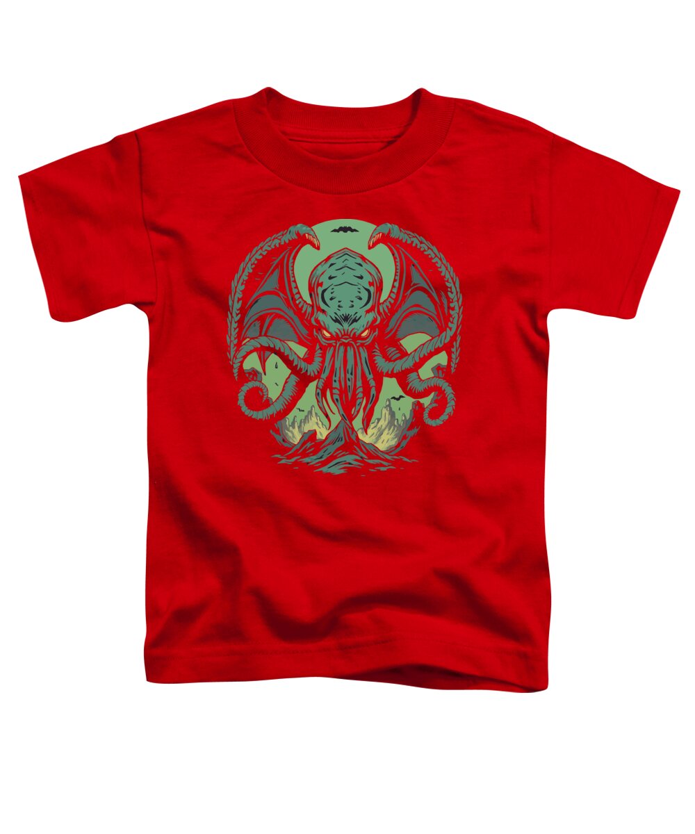Red women's relaxed t-shirt with green Cthulhu-style demon front graphic.