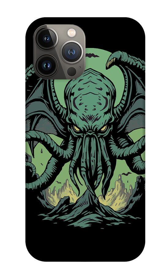 Black iPhone case showing teal Cthulhu demon face, tentacles, and claws; camera cutouts visible.
