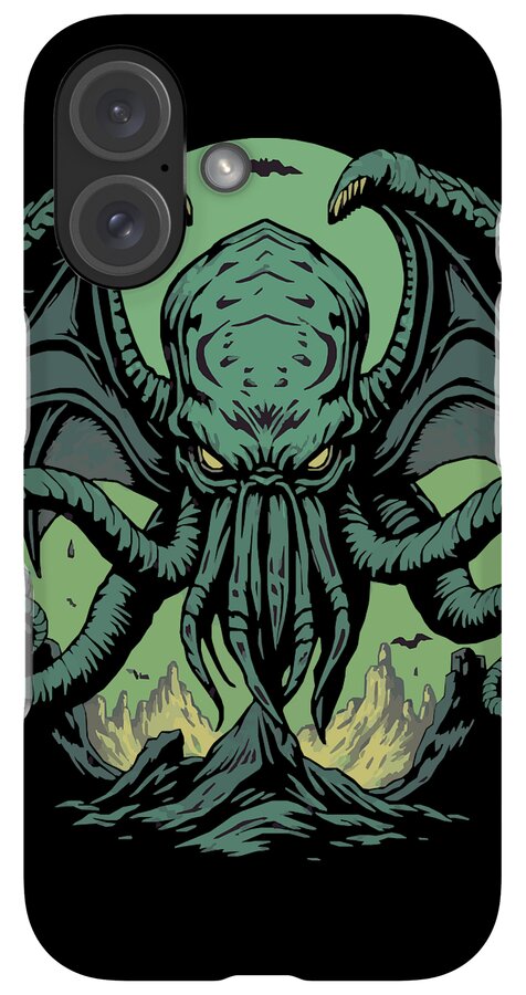 Black iPhone case with green tentacled demon face, triple-lens camera array
