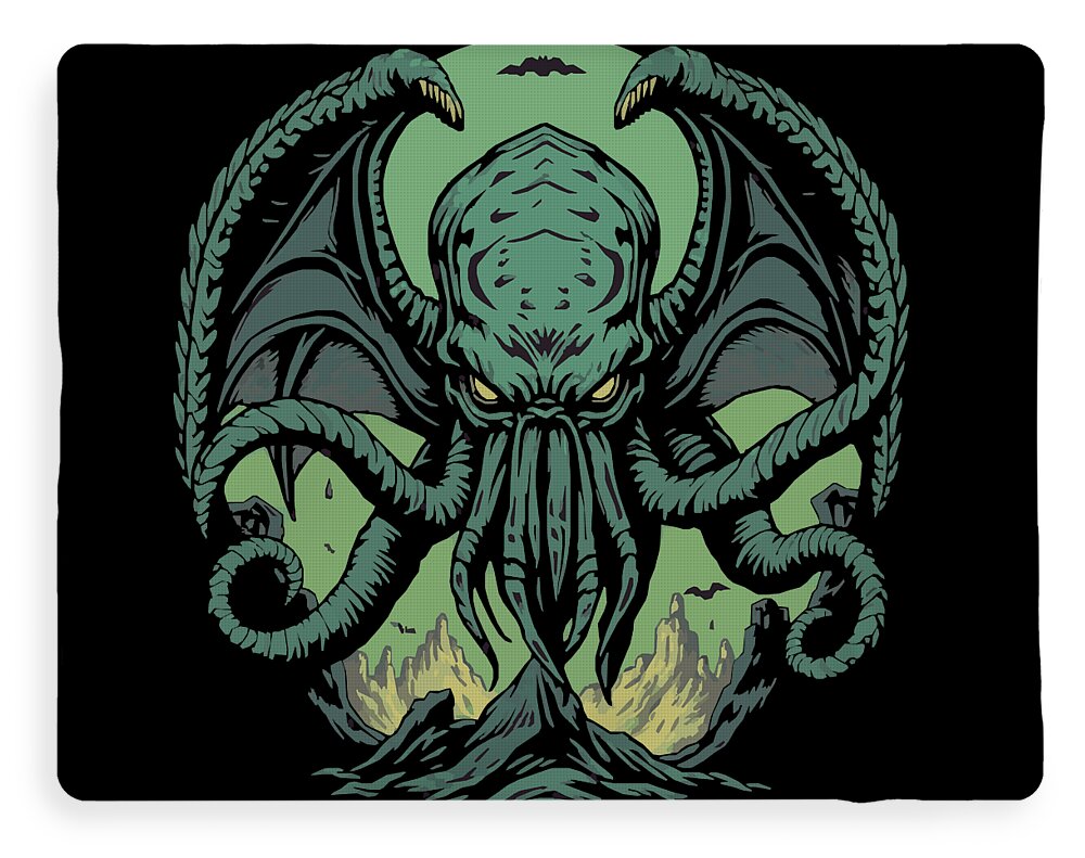 Throw blanket with symmetrical Cthulhu demon emblem graphic in dark green on black