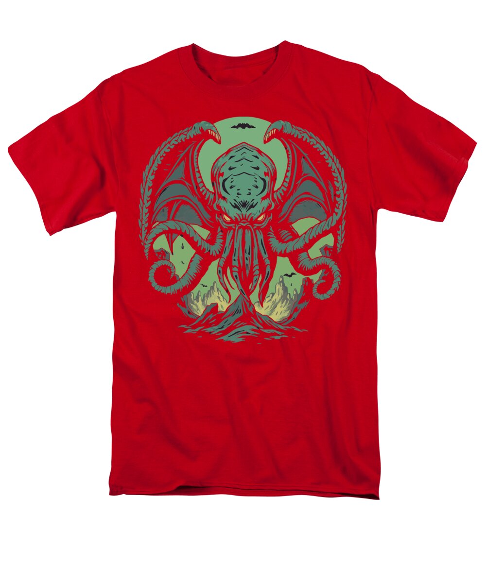 Red men’s t-shirt with green tentacled monster graphic centered on chest.