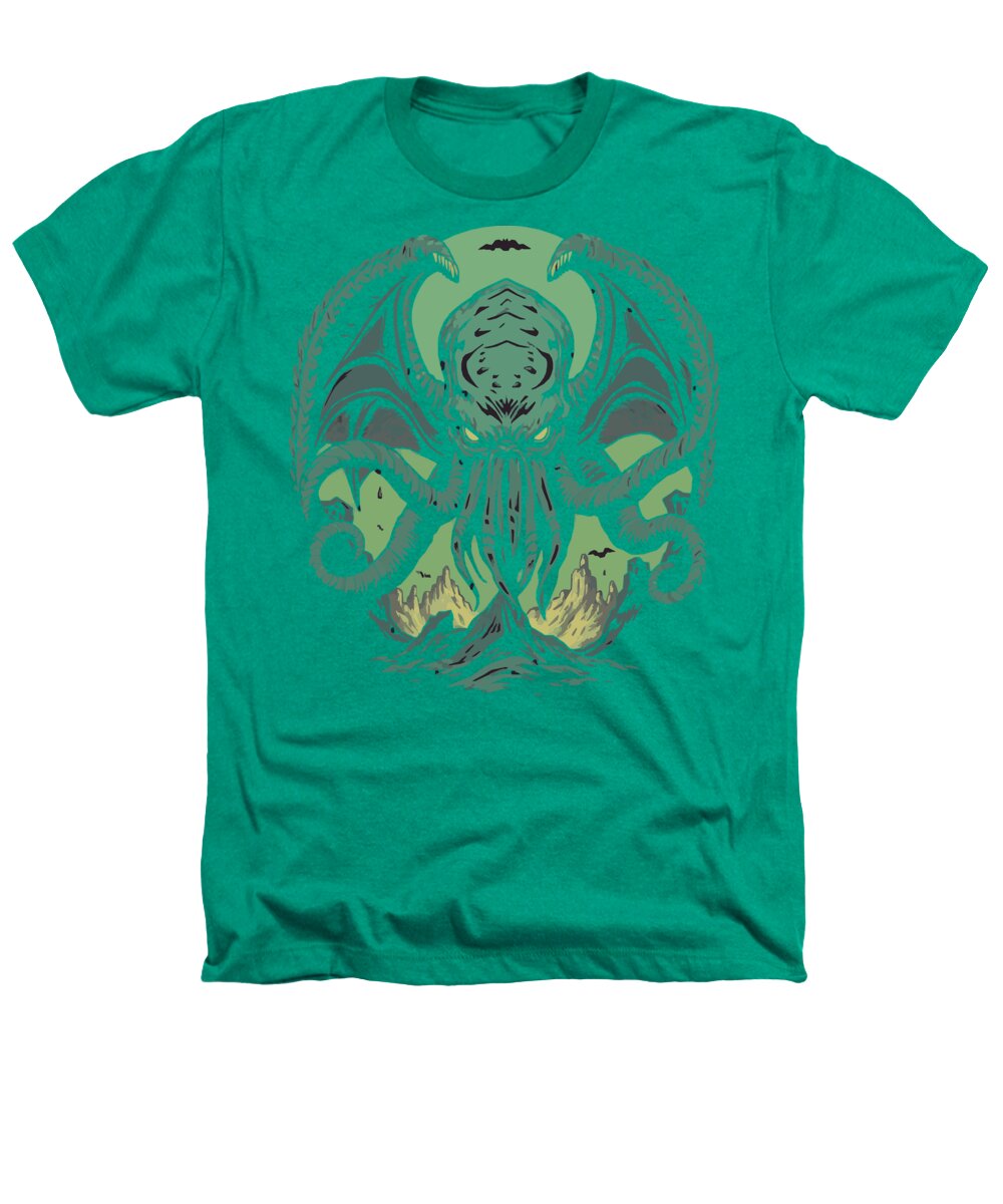 Kelly green heather T-shirt with teal Cthulhu-style demon graphic on front