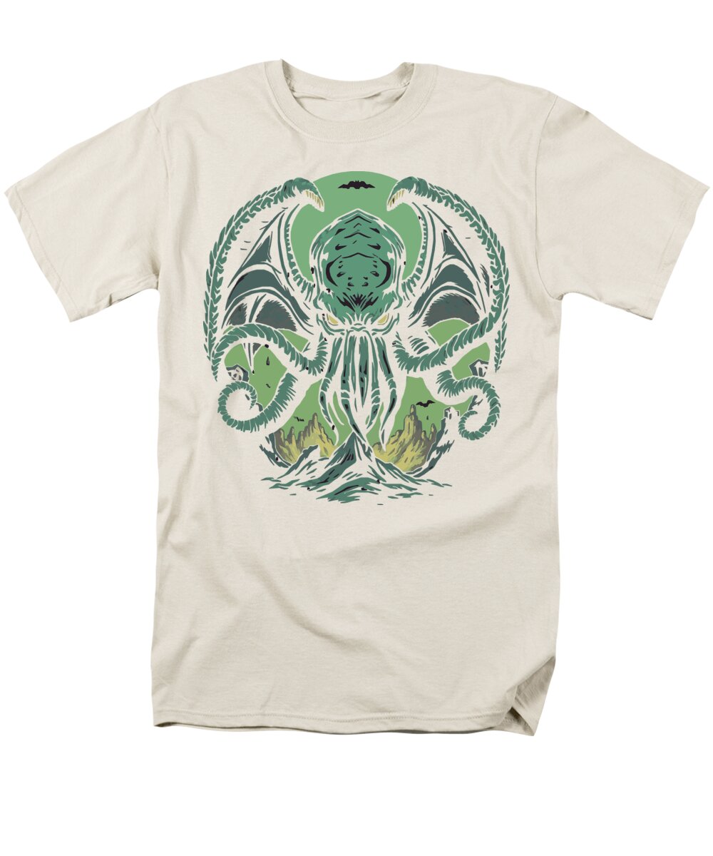 Men's graphic t-shirt, cream crew neck with green demon tentacle front print