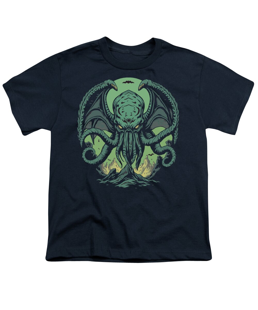 Youth T-shirt in dark navy with green sea monster graphic