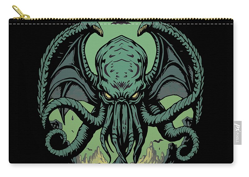 Black zip pouch with gold zipper pull and large teal demon graphic