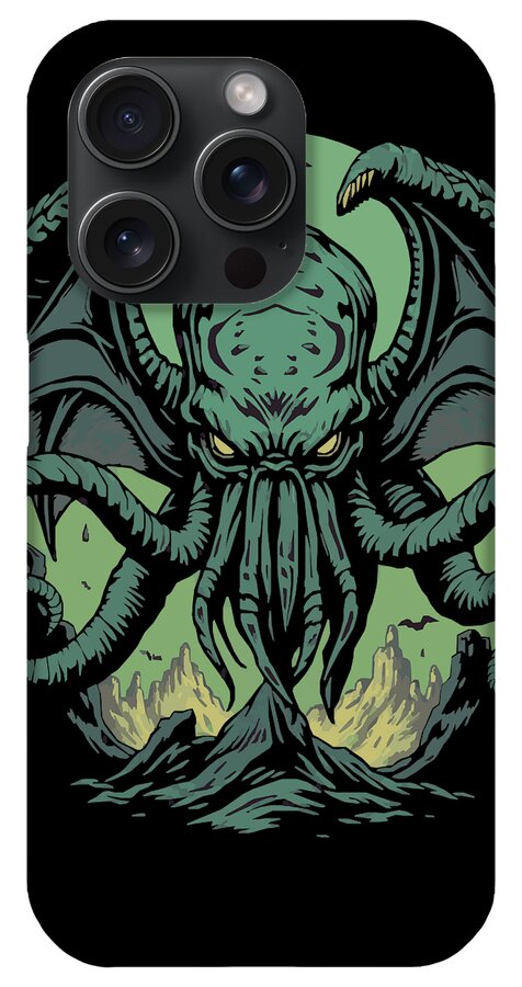 Phone case with teal Cthulhu demon face and claws, black edges, multi-camera cutouts