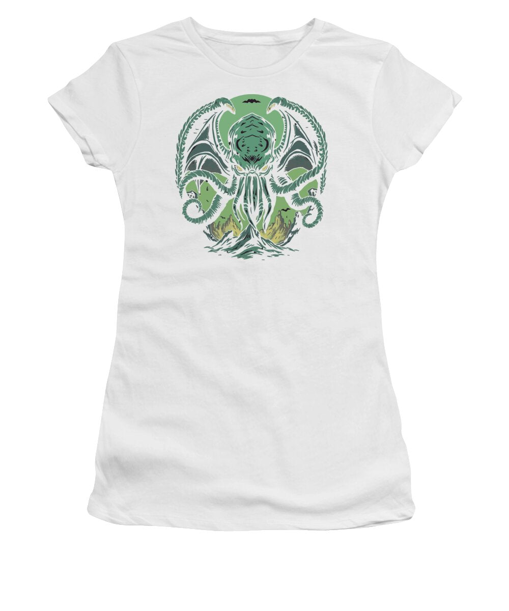 White women's t-shirt with green Cthulhu demon graphic on the front