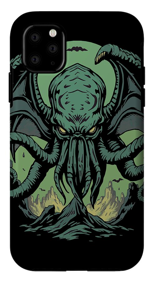 Black phone case with teal demon creature artwork and camera cutouts