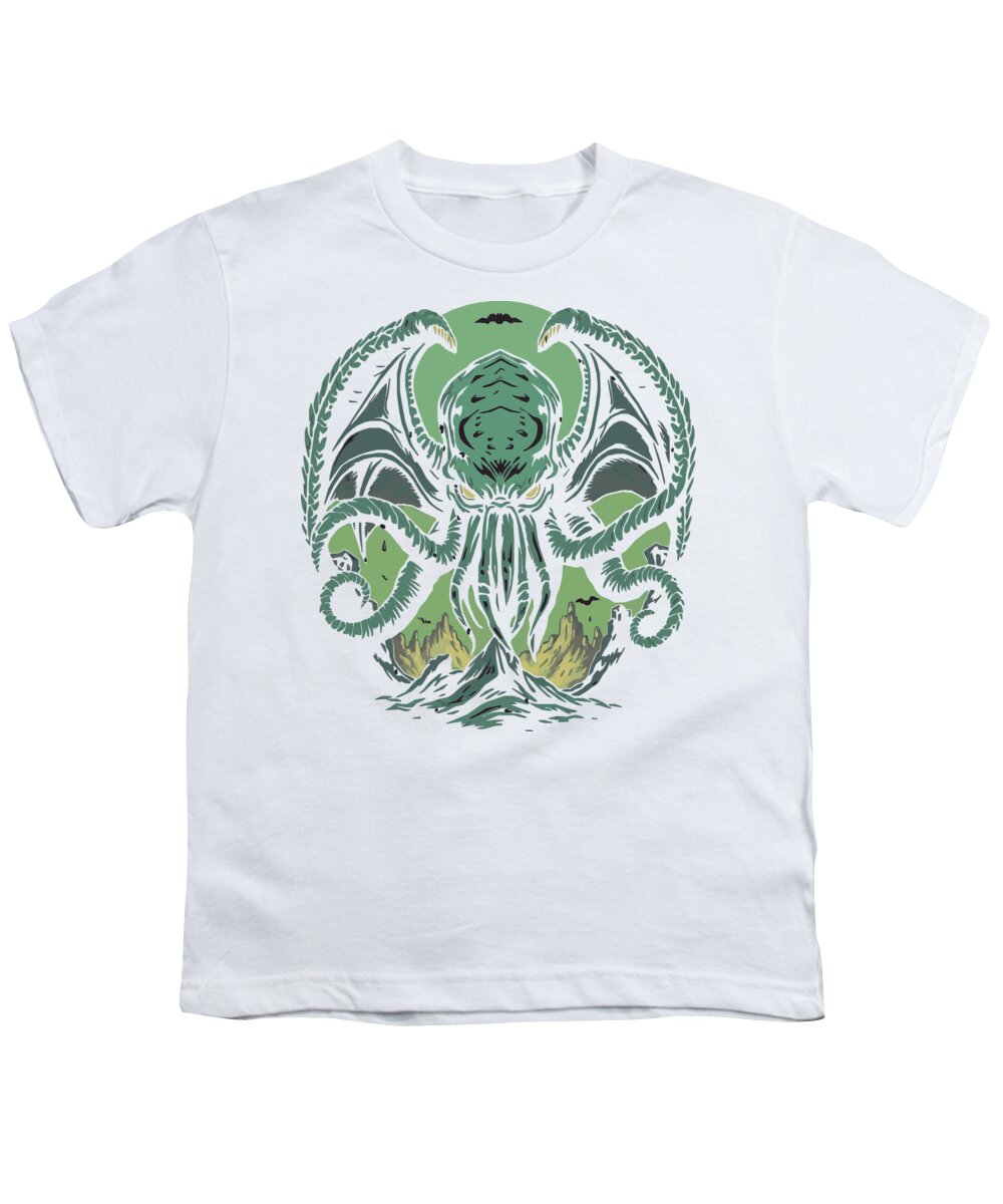 Youth T-shirt in white with green sea monster graphic