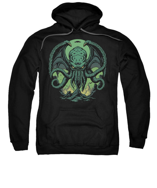 Black demon graphic pullover sweatshirt with green chest illustration and hood.