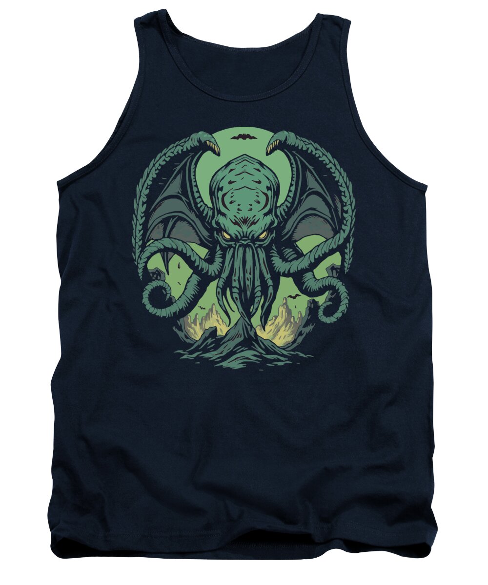 Navy demon tank top with teal tentacle creature graphic at center chest