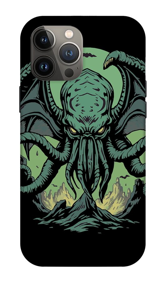 Black iPhone case with teal Cthulhu demon illustration and tentacles; camera lenses on top-left.
