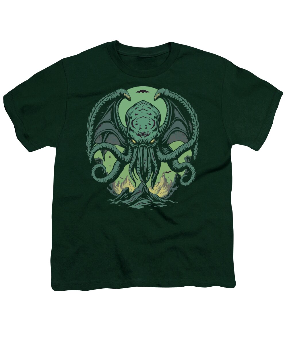 Dark green youth graphic t-shirt with green tentacled demon face and wings print