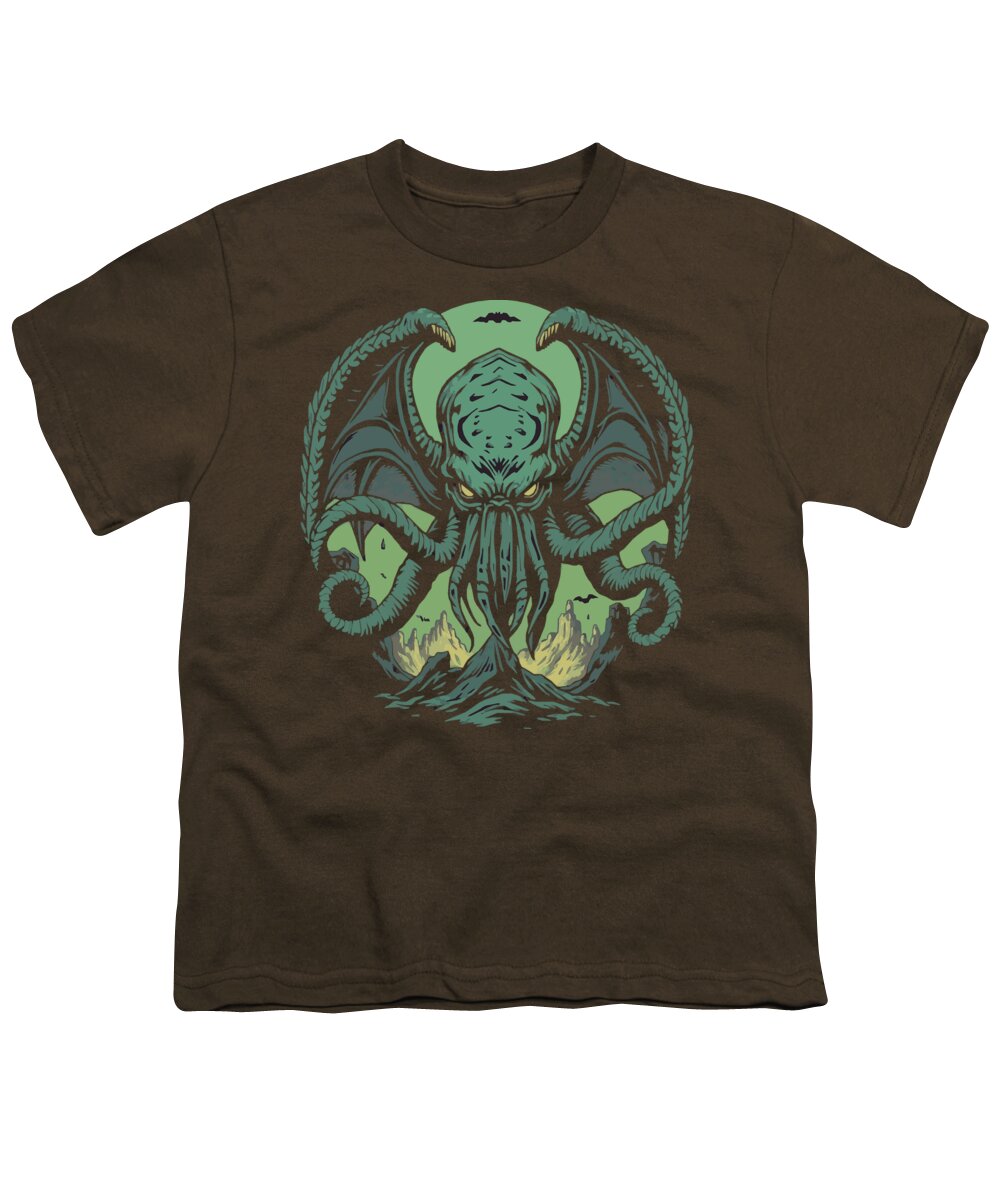 Brown youth graphic t-shirt with green tentacled demon face and wings print