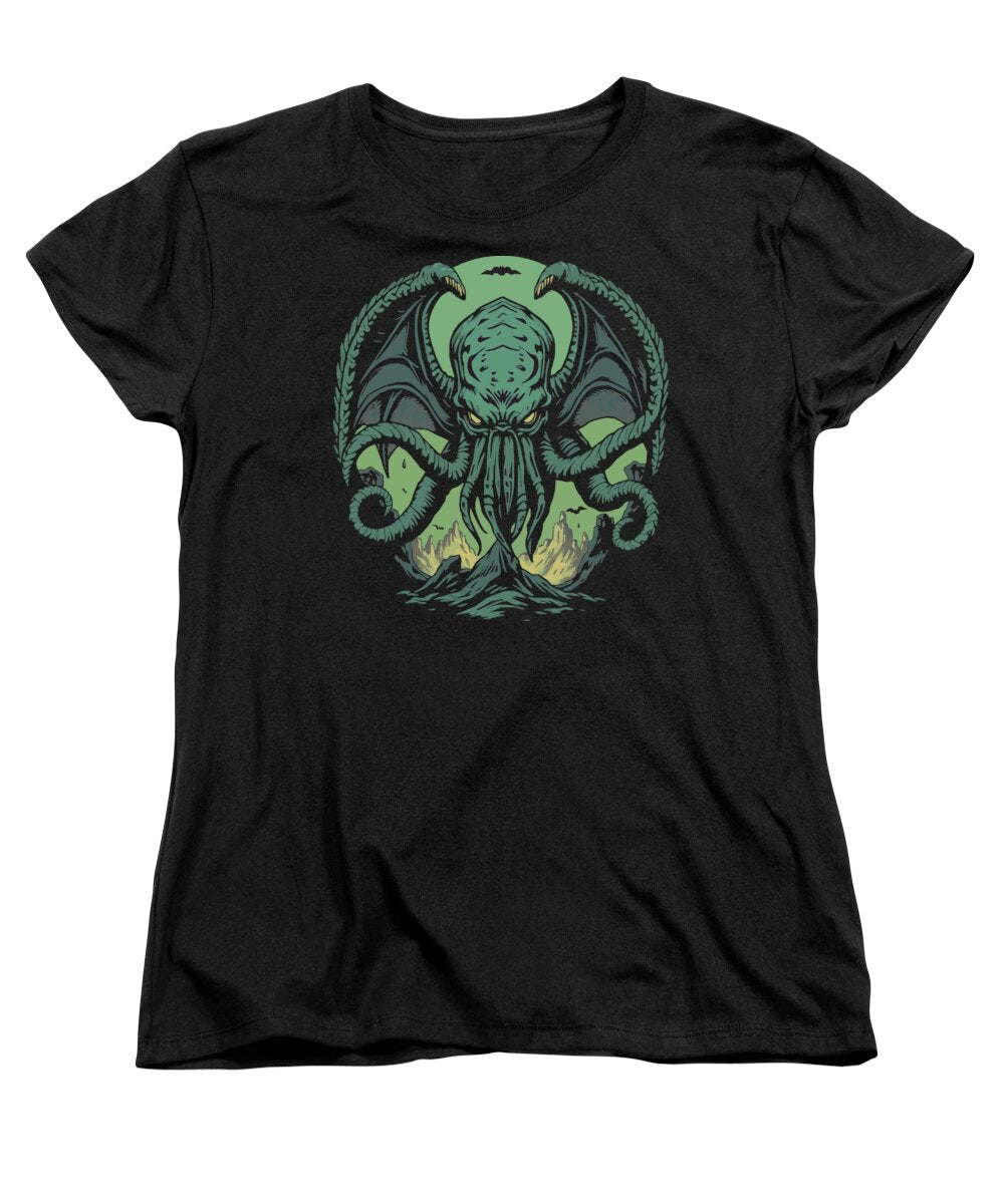Black women’s graphic t-shirt with green tentacled demon face front print