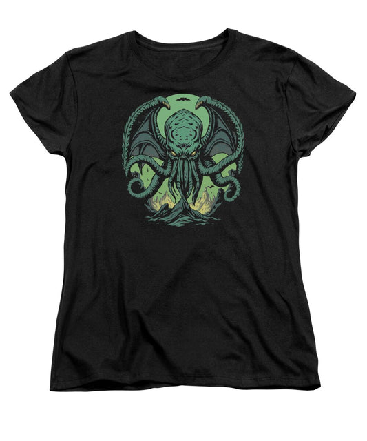 Black women’s graphic t-shirt with green tentacled demon face front print