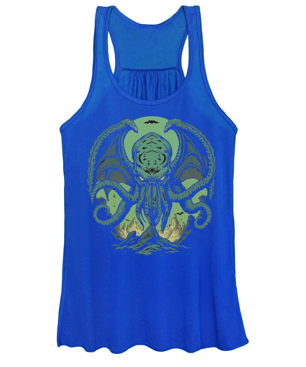 Women's tank top, royal blue with green and yellow tentacled monster graphic front