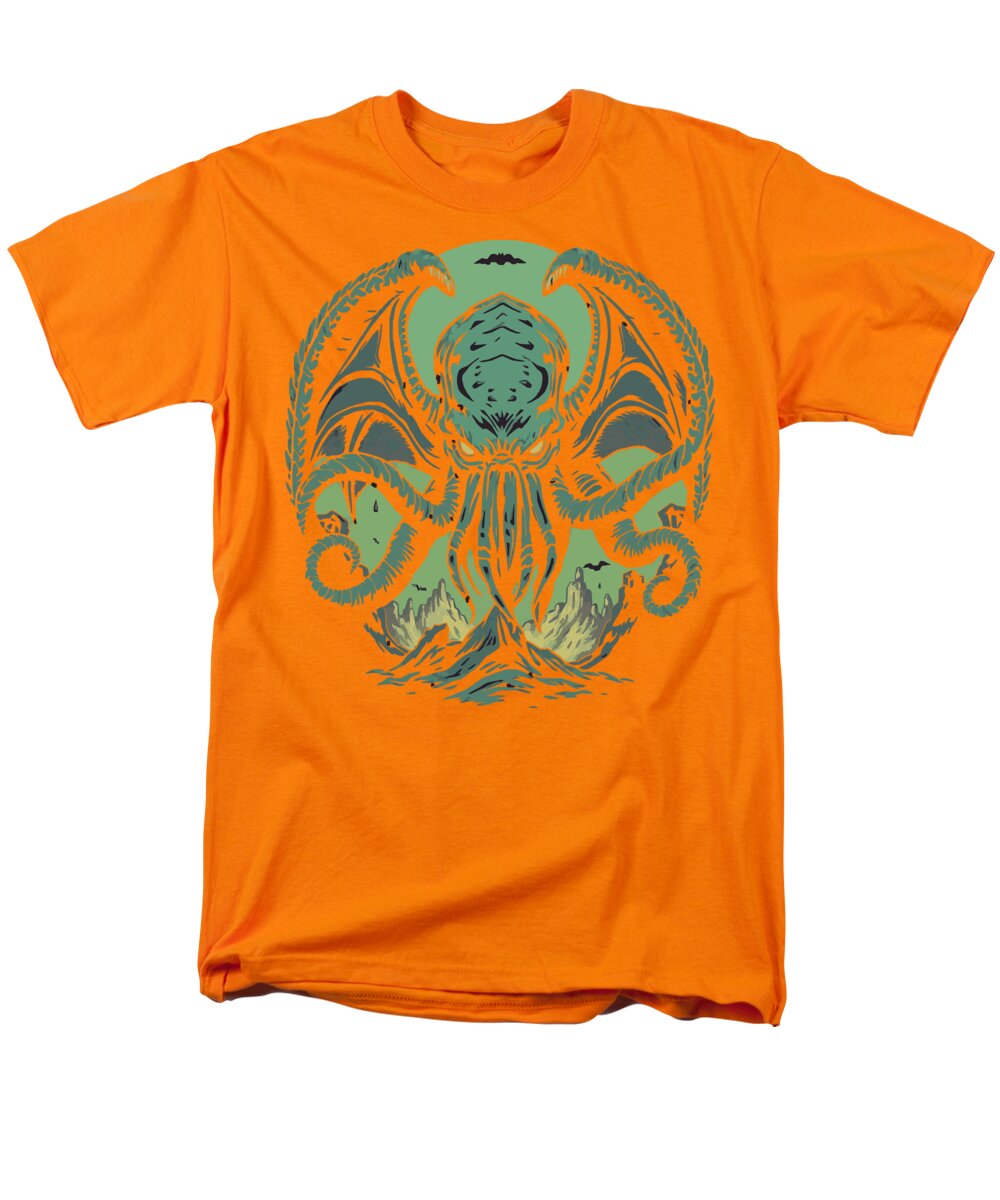 Orange men’s t-shirt with green tentacled monster graphic centered on chest.