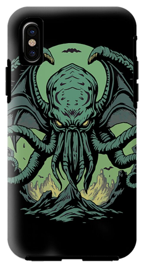 Black iPhone case with green Cthulhu demon artwork, tentacles raised near corners
