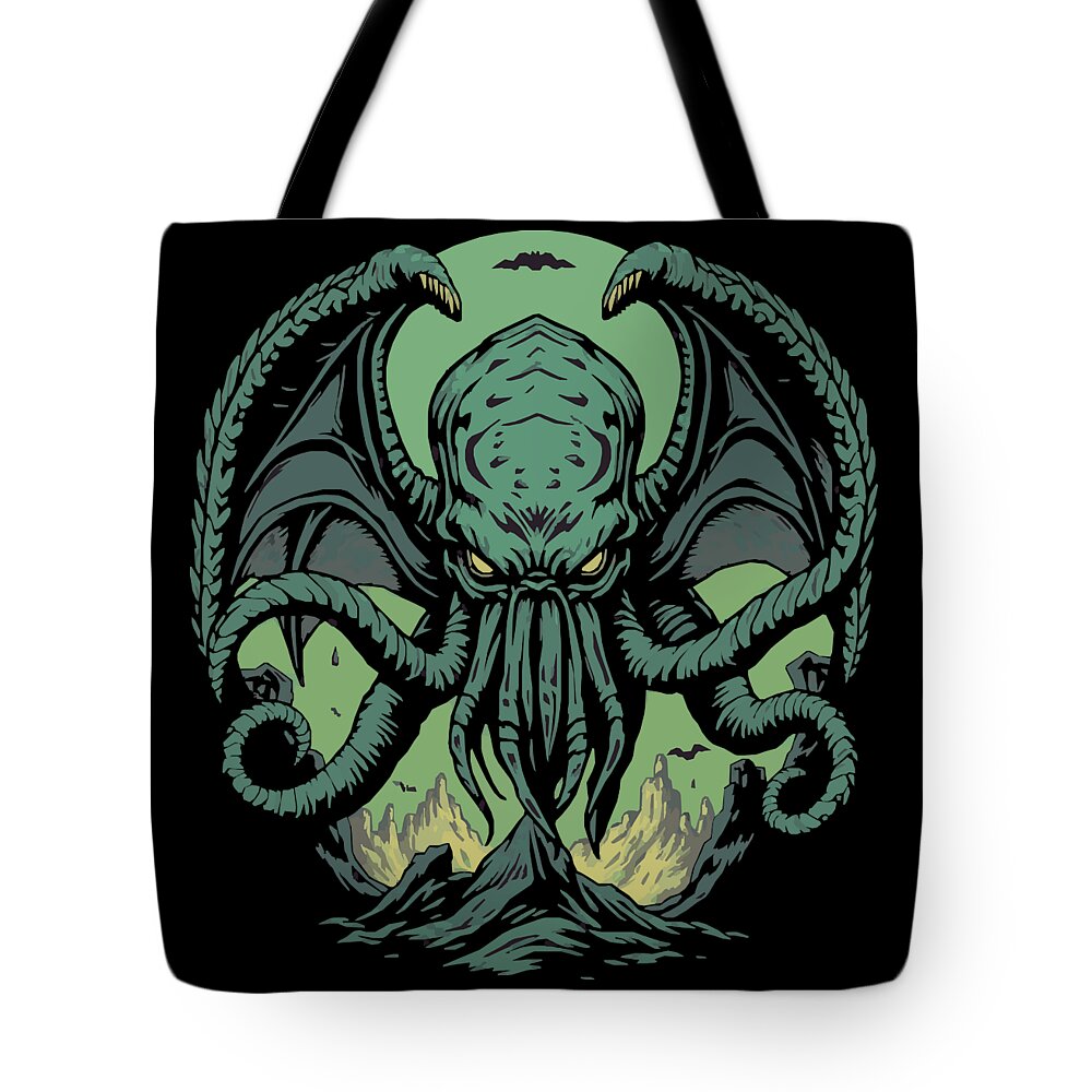 Black tote bag front with large teal octopus-demon illustration and curved carrying straps