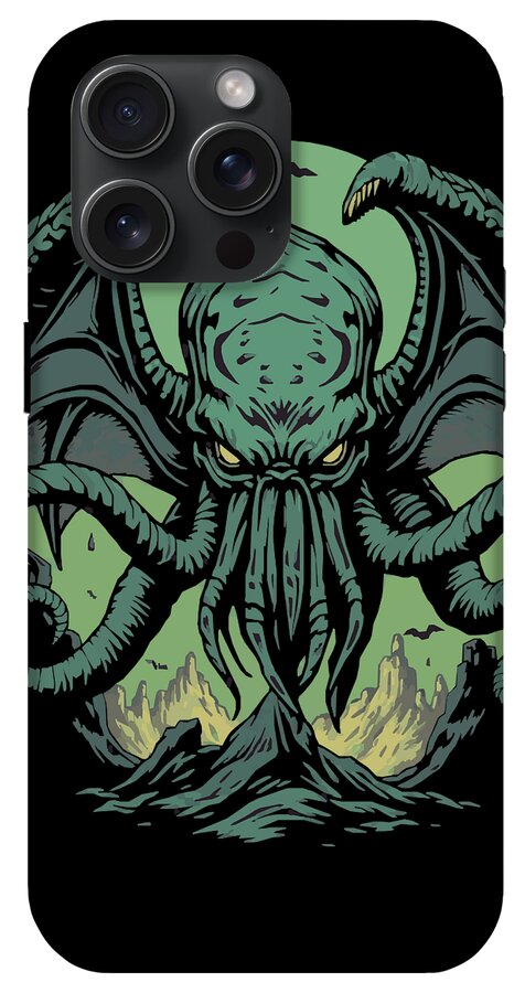 Phone case with dark backing and green tentacled demon artwork, camera lens cutouts