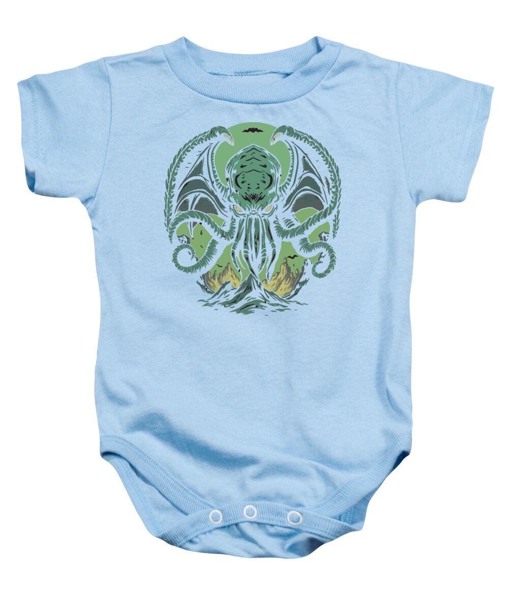 Light blue baby onesie bodysuit with green tentacled demon graphic on chest