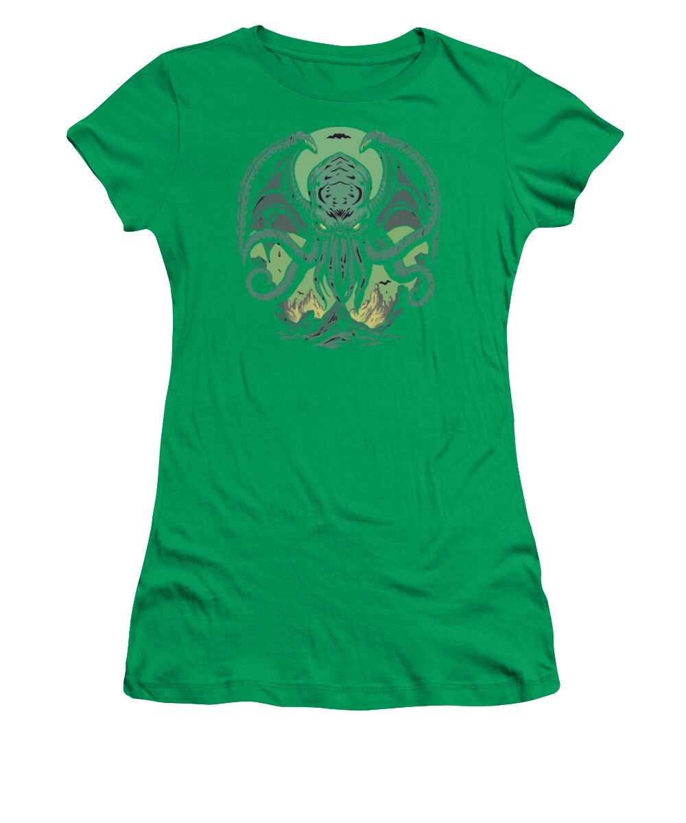 Kelly green women's t-shirt with green Cthulhu demon graphic on the front