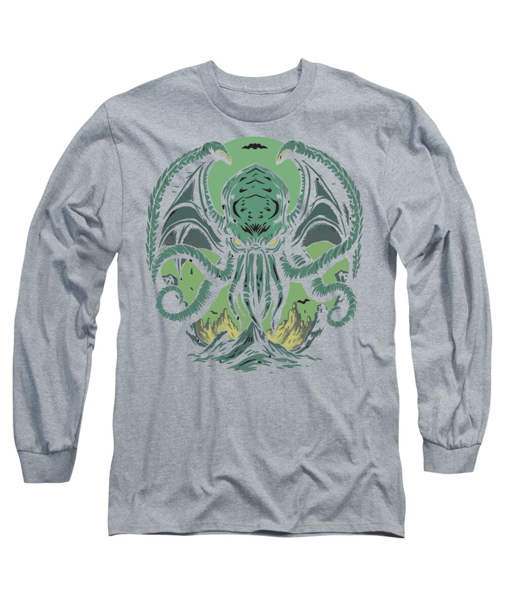 Heather gray long sleeve T-shirt with neon green monster face and tentacle graphic