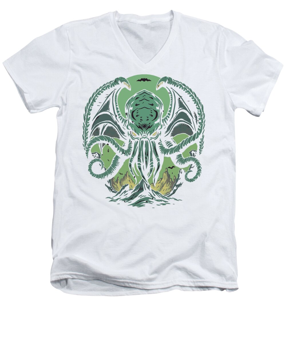 Men's V-neck T-shirt, white, with teal tentacled Cthulhu graphic