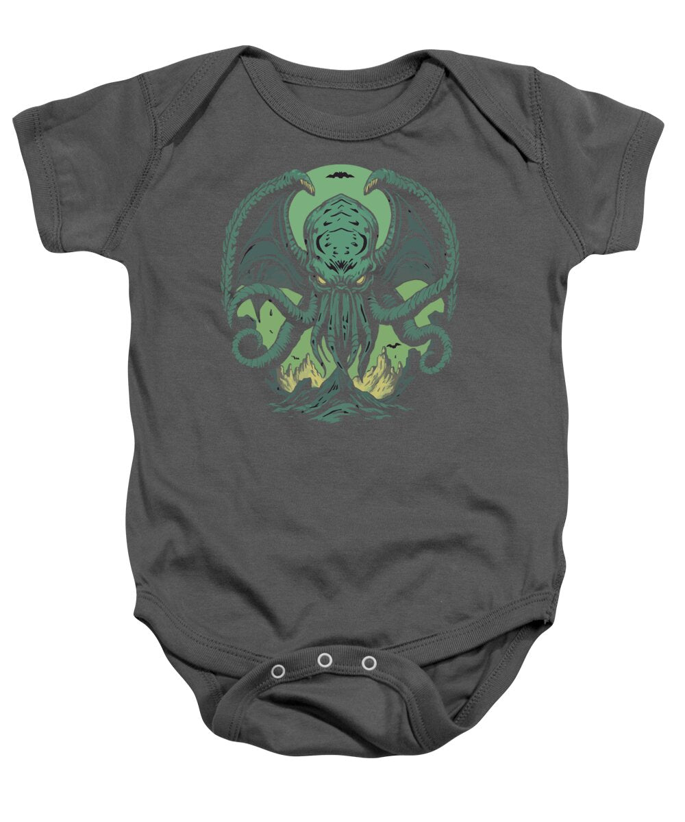 Charcoal gray baby onesie bodysuit with green tentacled demon graphic on chest