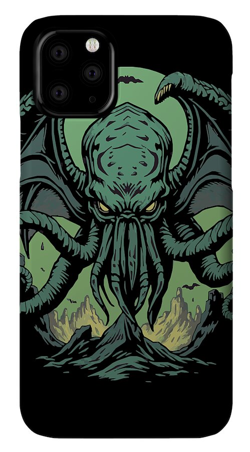 Black phone case with teal demon octopus artwork and camera cutouts
