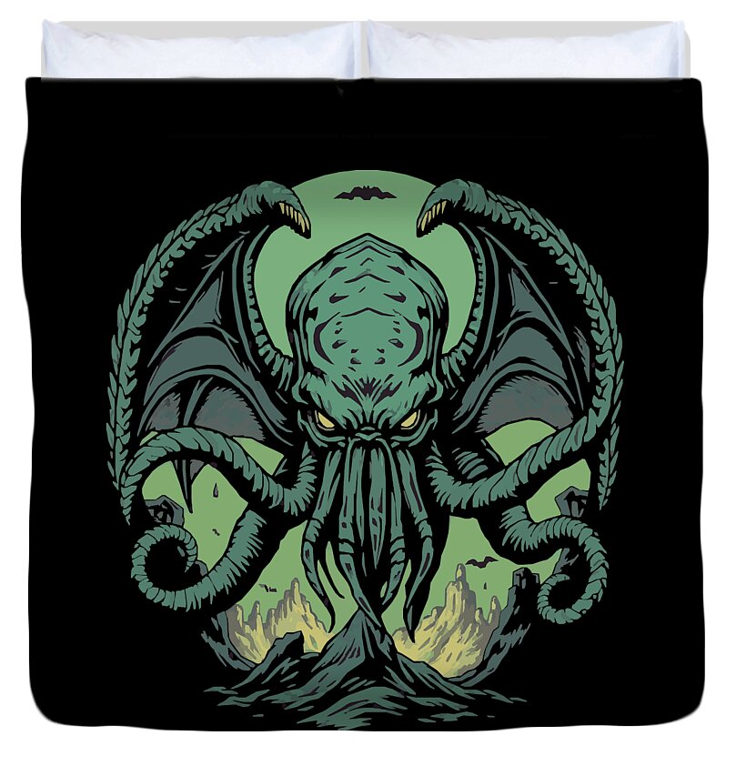 Cthulhu Demon duvet cover with green tentacled monster on black fabric