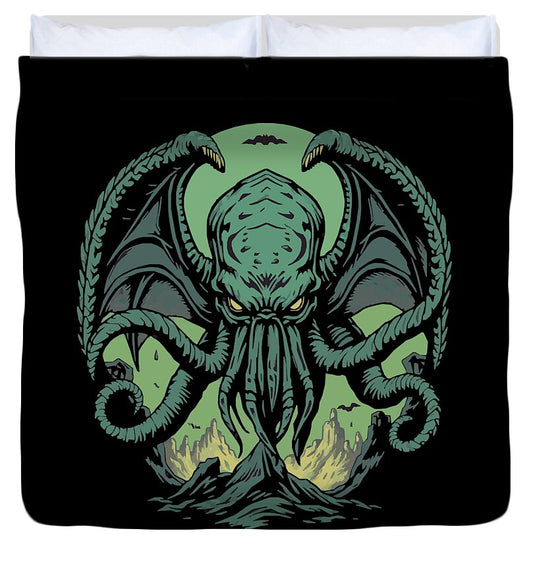 Cthulhu Demon duvet cover with green tentacled monster on black fabric