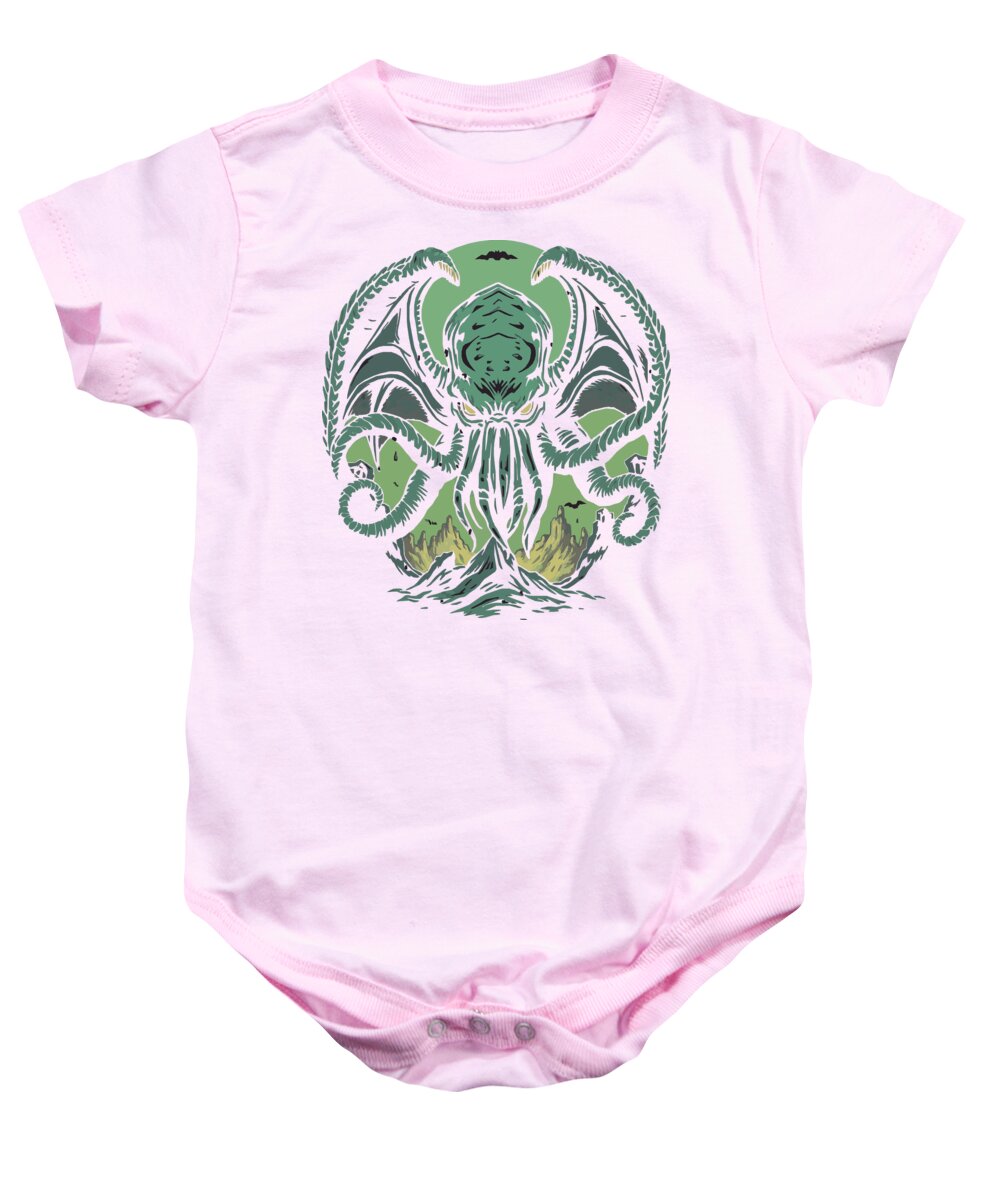 Pink baby onesie bodysuit with green tentacled demon graphic on chest