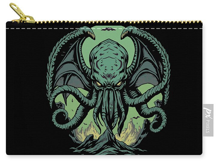 Black zip pouch with gold zipper pull and teal demon illustration on front