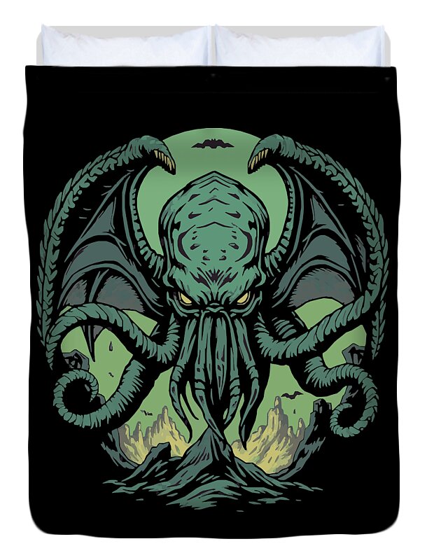 Cthulhu Demon duvet cover featuring a green tentacled monster on black fabric