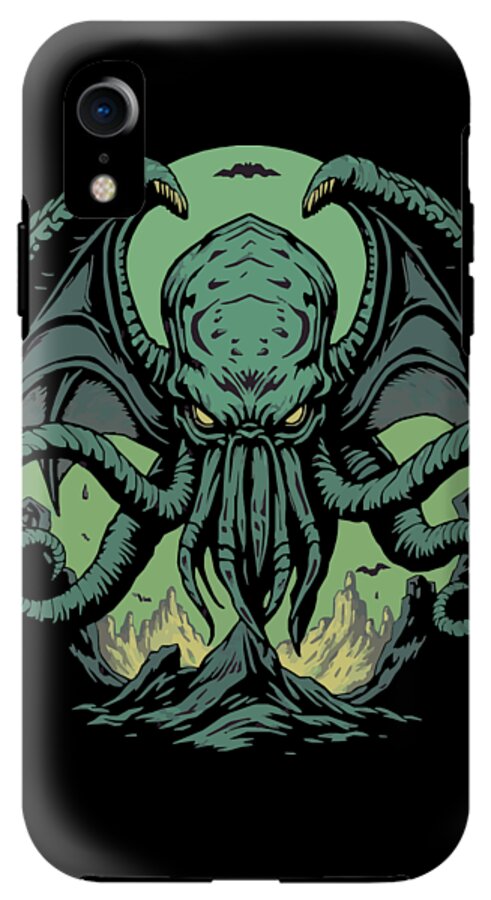 Black iPhone case with green Cthulhu demon illustration, creature face centered