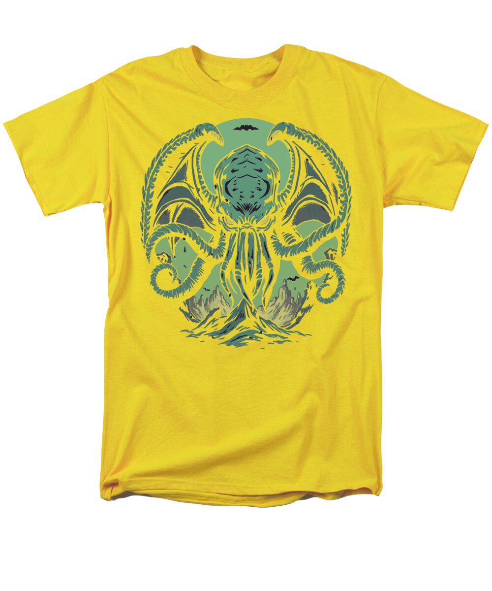 Yellow men’s t-shirt with green tentacled monster graphic centered on chest.