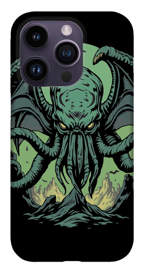 Phone case with green tentacled demon graphic and gray camera panel cutouts