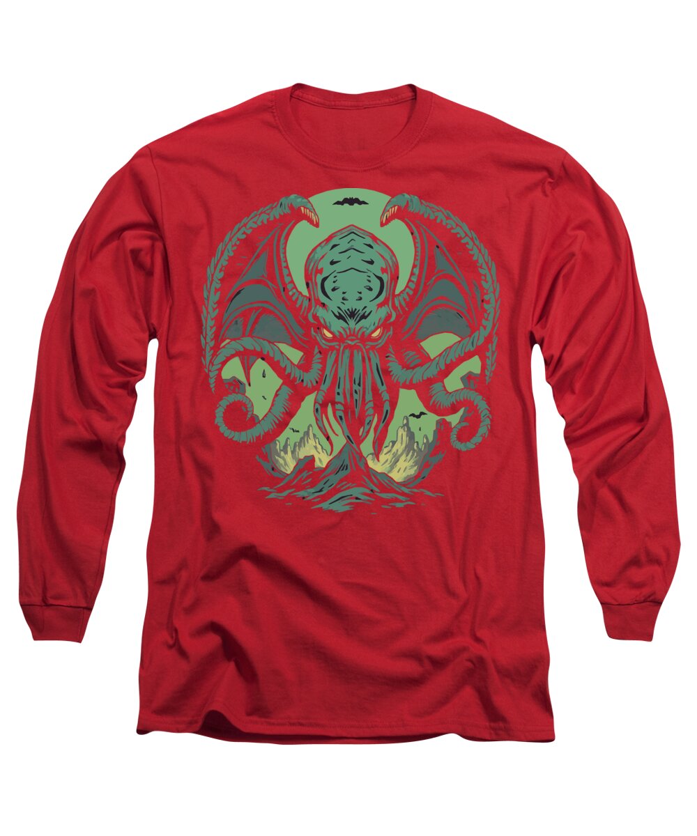 Red long sleeve T-shirt with neon green monster face and tentacle graphic