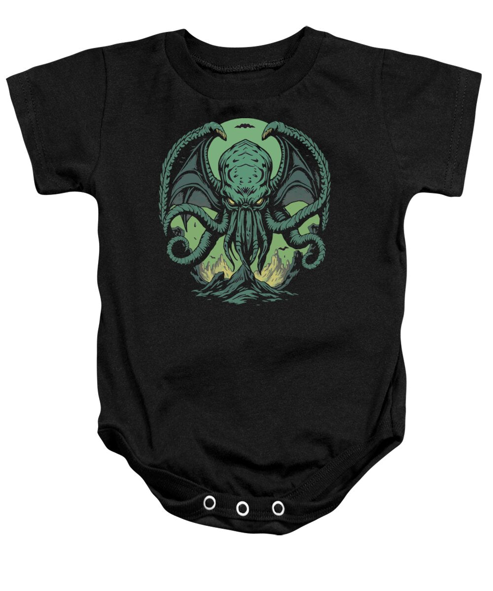 Black baby onesie bodysuit with green tentacled demon graphic at center chest