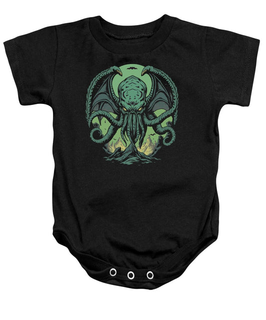 Black baby onesie bodysuit with green tentacled demon graphic at center chest