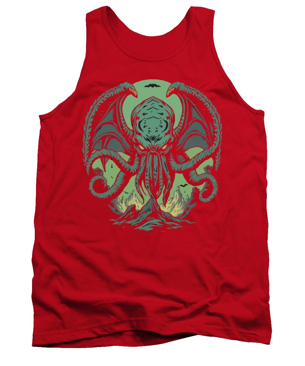 Red demon tank top with teal tentacle creature graphic at center chest