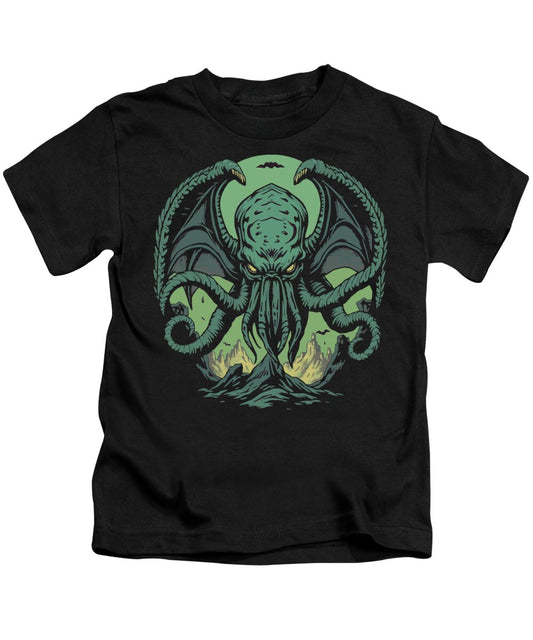 Kids Cthulhu demon graphic t-shirt, black with green sea monster print