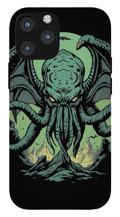 Black phone case featuring a teal tentacled demon face and camera cutouts