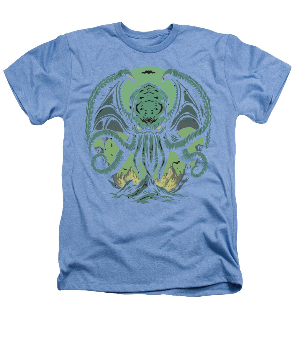 Light blue heather T-shirt with green Cthulhu-style demon graphic on front