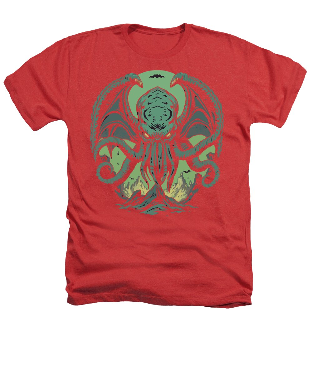 Red heather T-shirt with green Cthulhu-style demon graphic on front