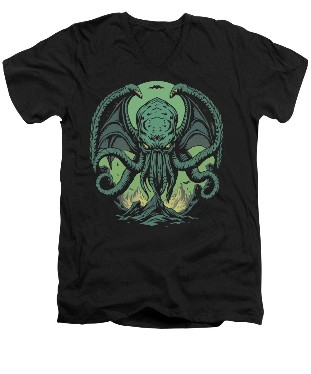 Men's V-neck T-shirt, black, with teal tentacled Cthulhu graphic
